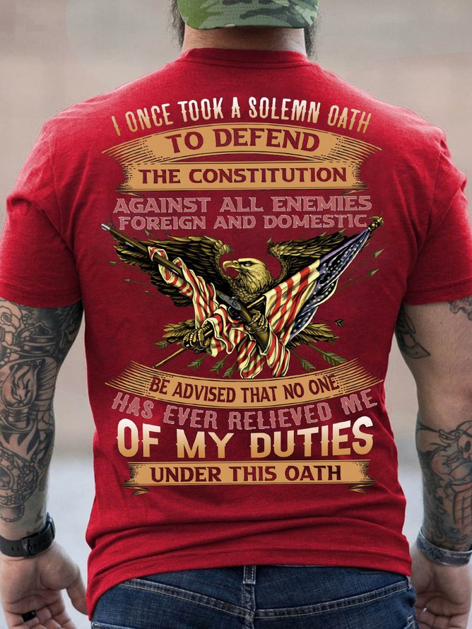 Men's No One Has Ever Relieved Me Of My Duties Under This Oath Funny Flag Graphic Print Casual Text Letters Cotton T-Shirt