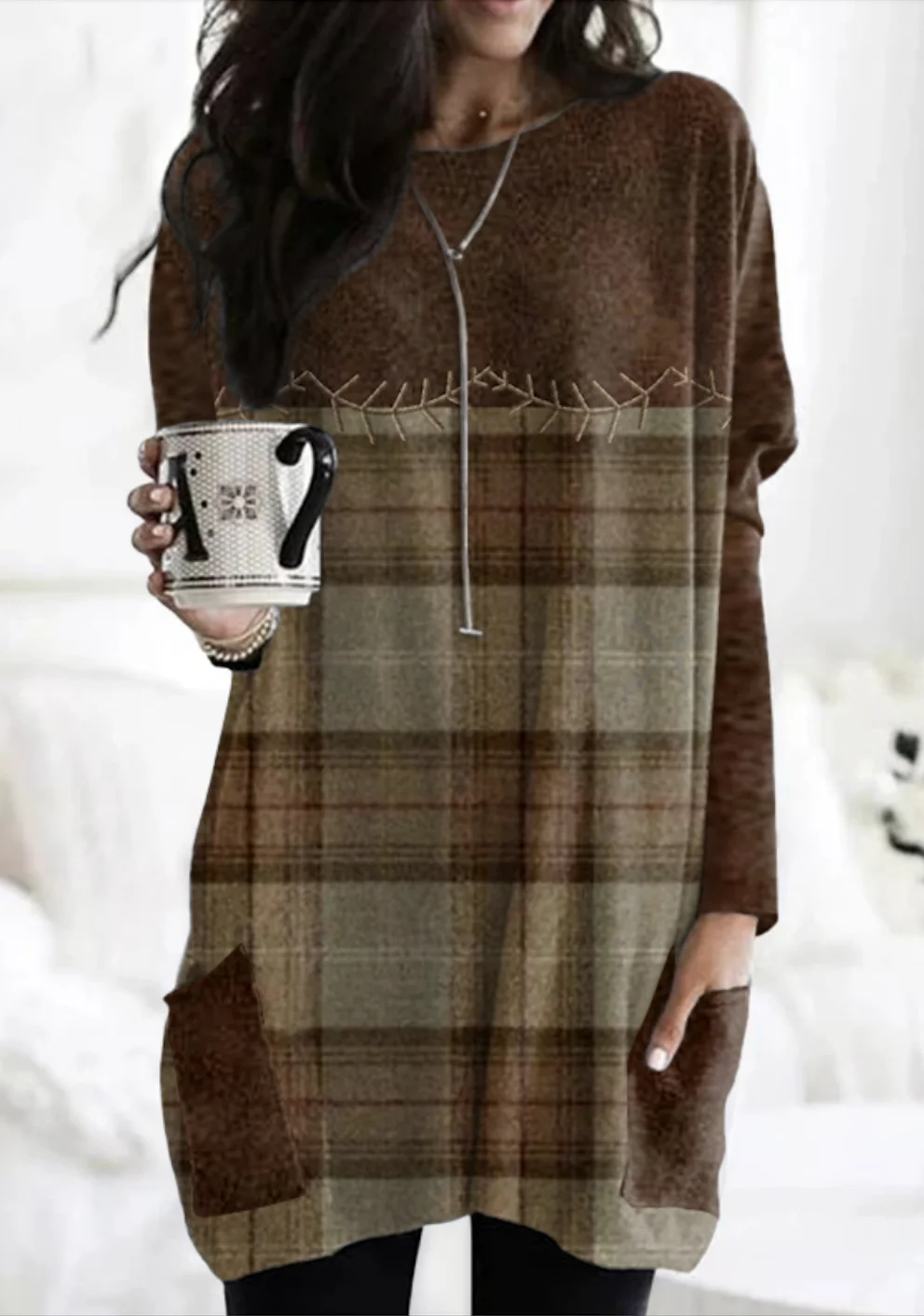 Retro plaid color blocked casual long T-shirt