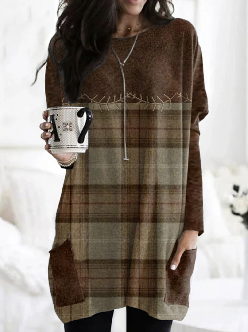 Retro plaid color blocked casual long T-shirt