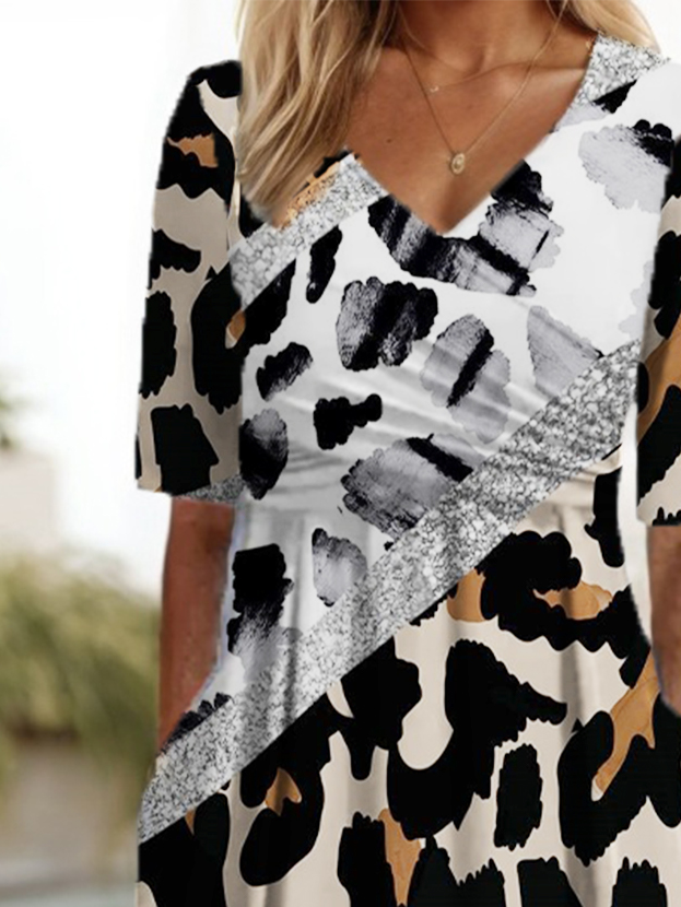 Leopard Print Middle Sleeves V-Neck Dress