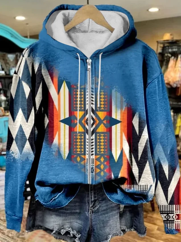 Blue Aztec Print Casual Sweatshirt Hoodie