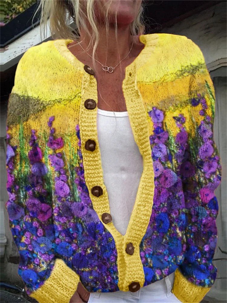 Purple Floral Fiber Art Cozy Knit Cardigan