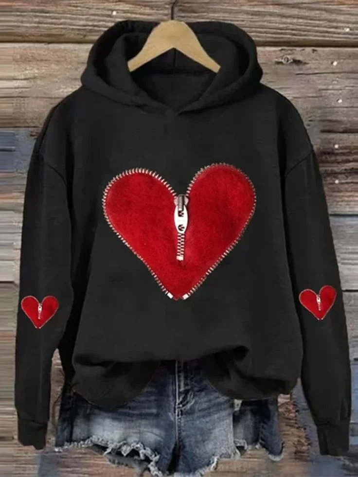 Valentine's Day Fashion Heart Zipper Hoodie