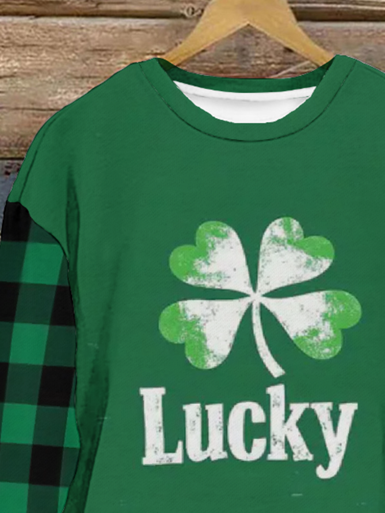 Four-leaf Clover Print Long-Sleeved Crew Neck Sweatshirt