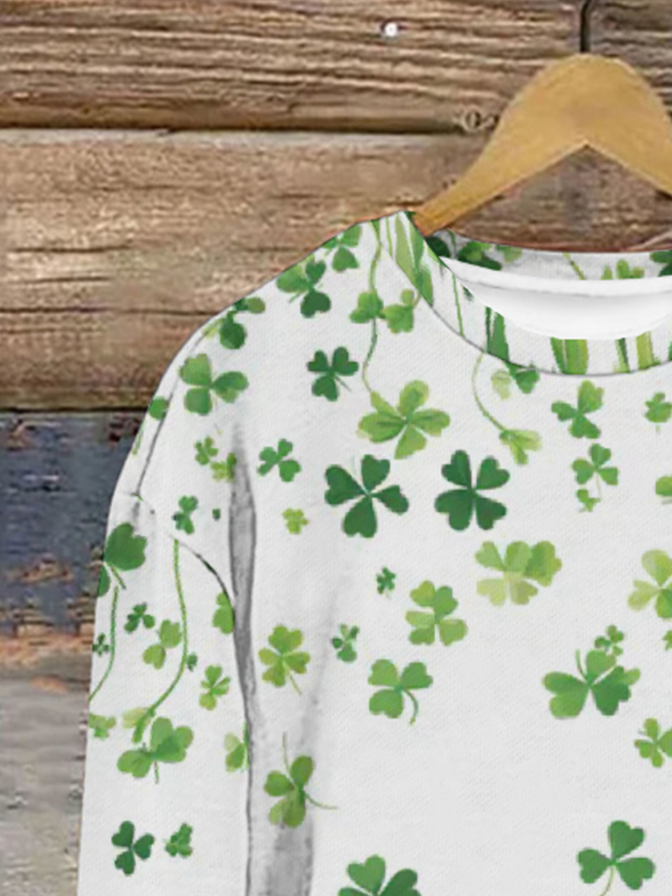 Four-leaf Clover Print Long-Sleeved Crew Neck Sweatshirt