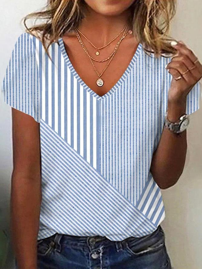 Casual striped patchwork printed V-neck T-shirt