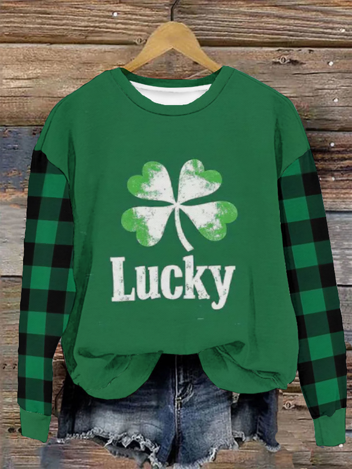 Four-leaf Clover Print Long-Sleeved Crew Neck Sweatshirt