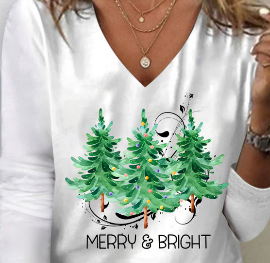 Women's Christmas Printed V-Neck Long Sleeve T-Shirt