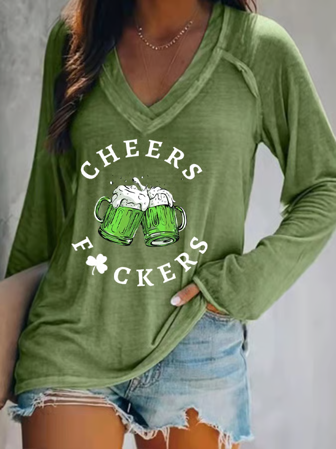 Women's St. Patrick's Day Cheers F*uckers Clover Long-Sleeve T-Shirt