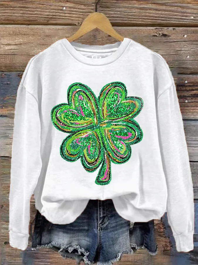 Women's Shiny Sequin Clover Print St. Patrick's Day Casual Sweatshirt