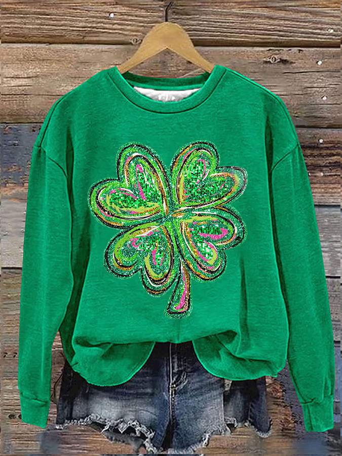 Women's Shiny Sequin Clover Print St. Patrick's Day Casual Sweatshirt