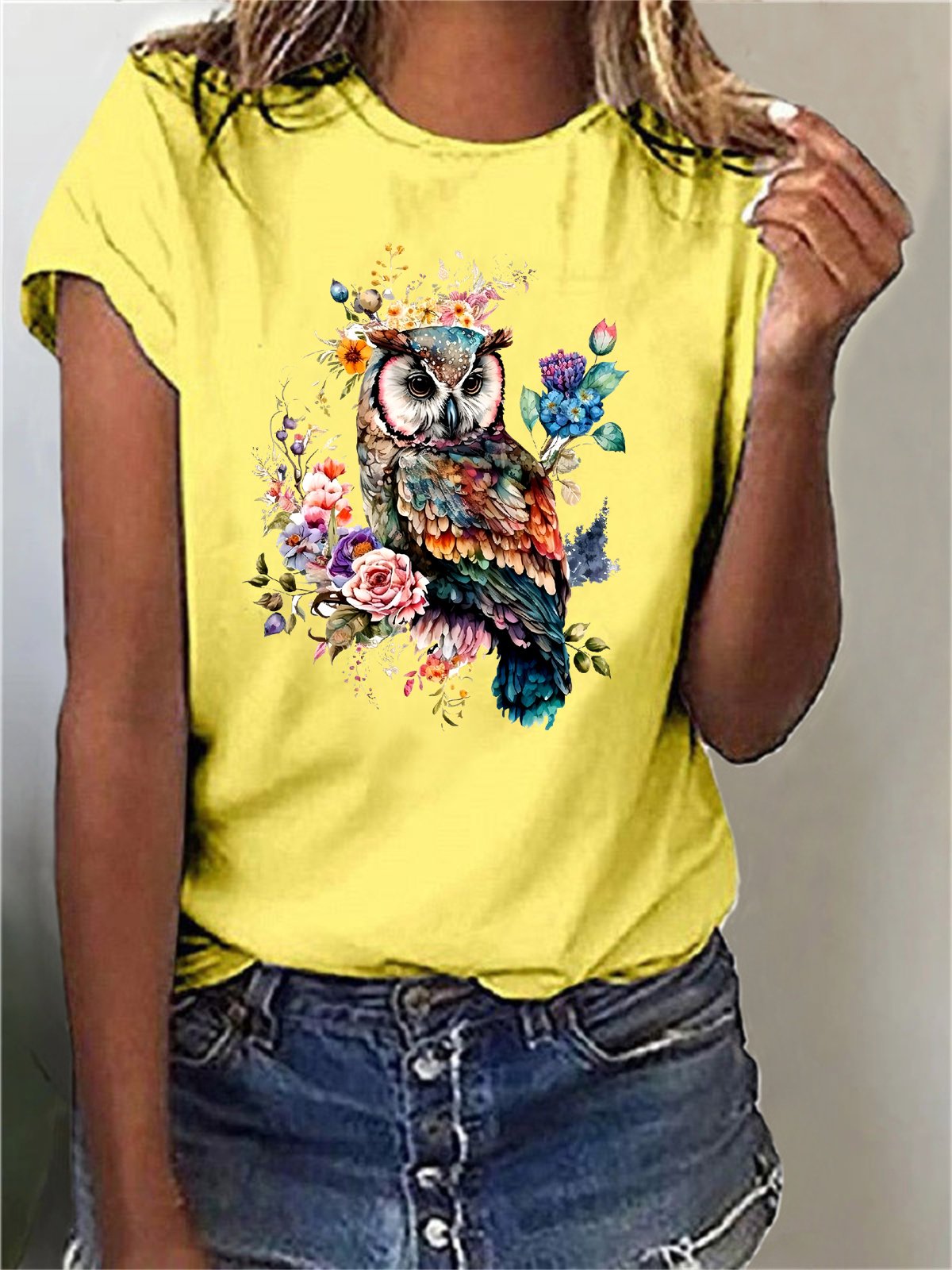 Women's Short Sleeve T-shirt Summer Black Bird Cotton-Blend Crew Neck Daily Going Out Casual Top