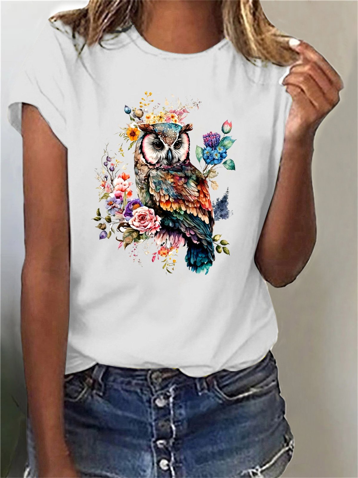 Women's Short Sleeve T-shirt Summer Black Bird Cotton-Blend Crew Neck Daily Going Out Casual Top