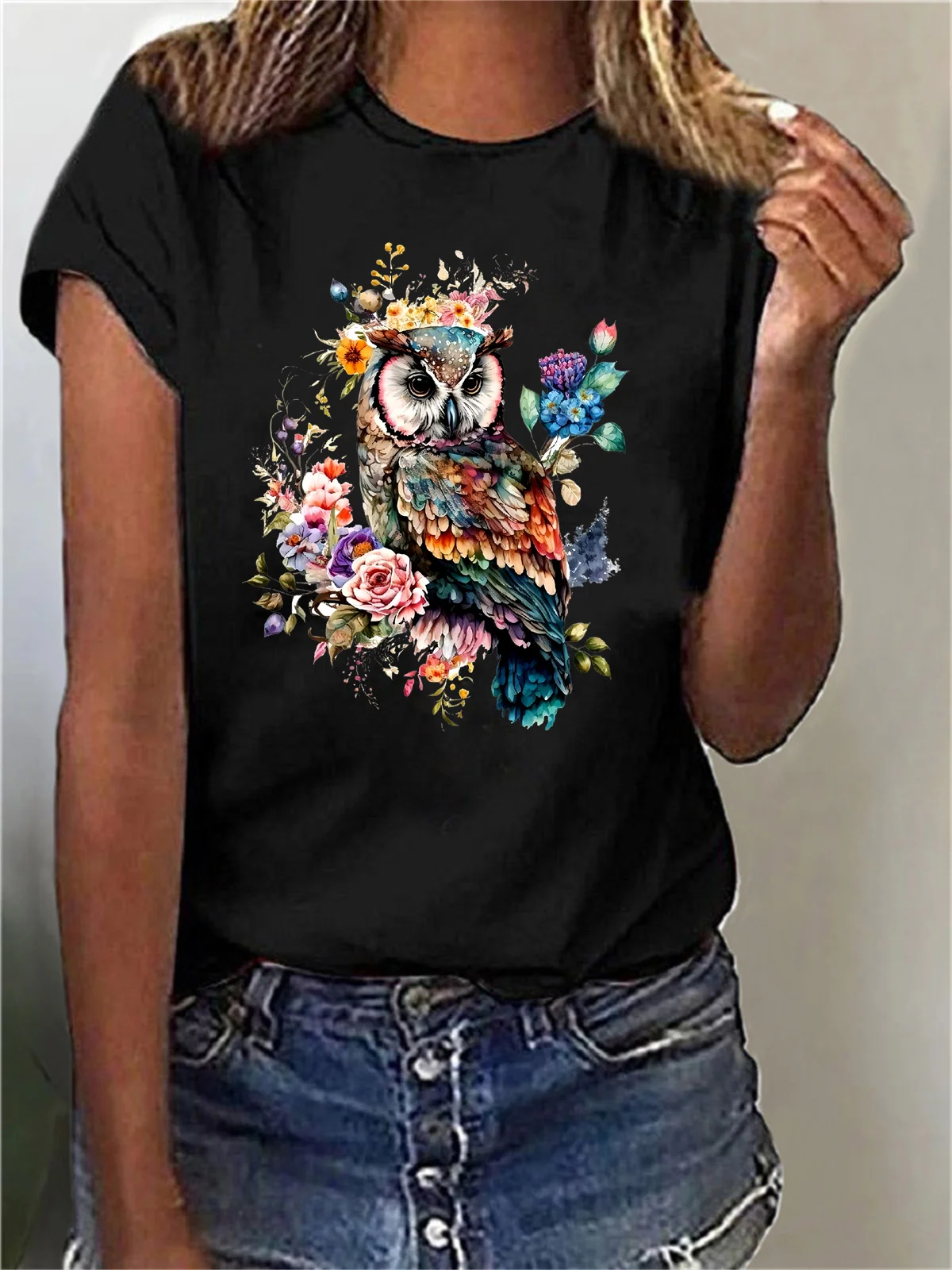 Women's Short Sleeve T-shirt Summer Black Bird Cotton-Blend Crew Neck Daily Going Out Casual Top