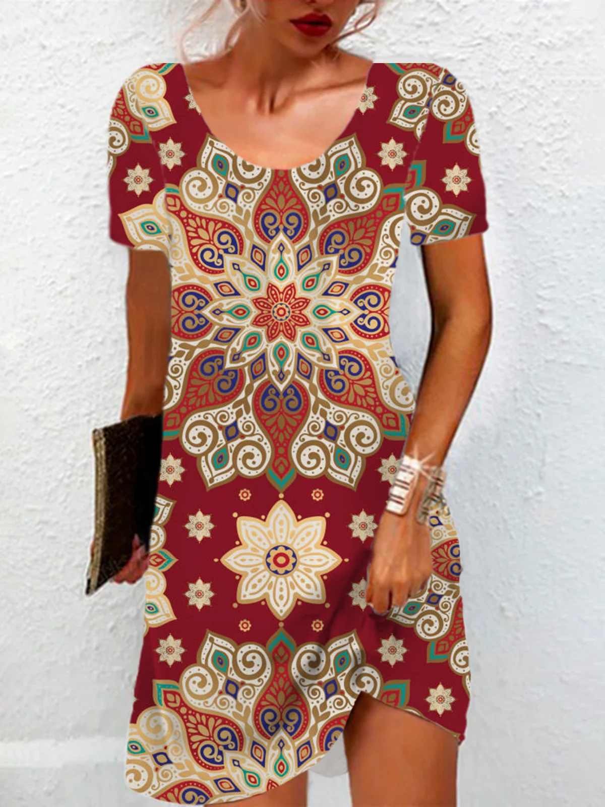 Ethnic Print Short Sleeve Crew Neck Dress