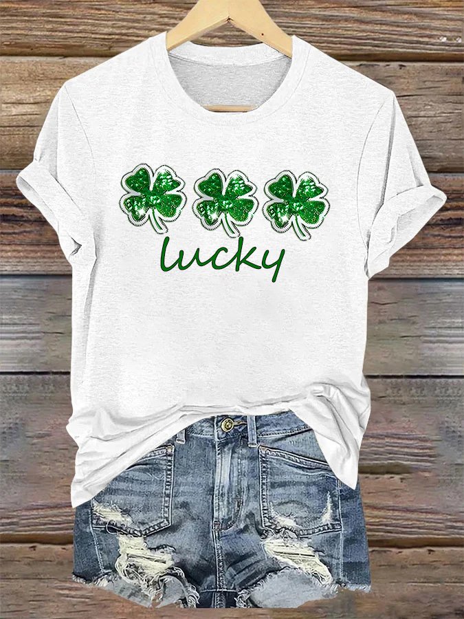 Women's St. Patrick's Day Lucky Clover Print Casual Cotton T-Shirt