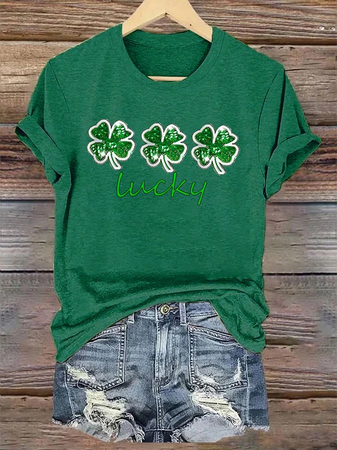 Women's St. Patrick's Day Lucky Clover Print Casual Cotton T-Shirt