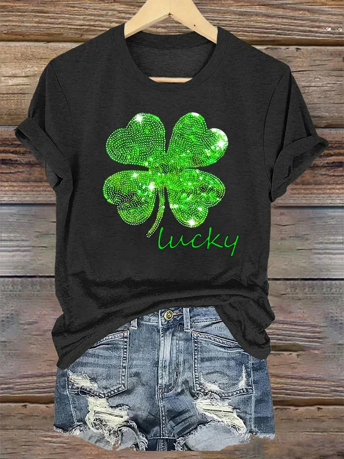 Women's St. Patrick's Day Lucky Clover Print Casual Cotton T-Shirt