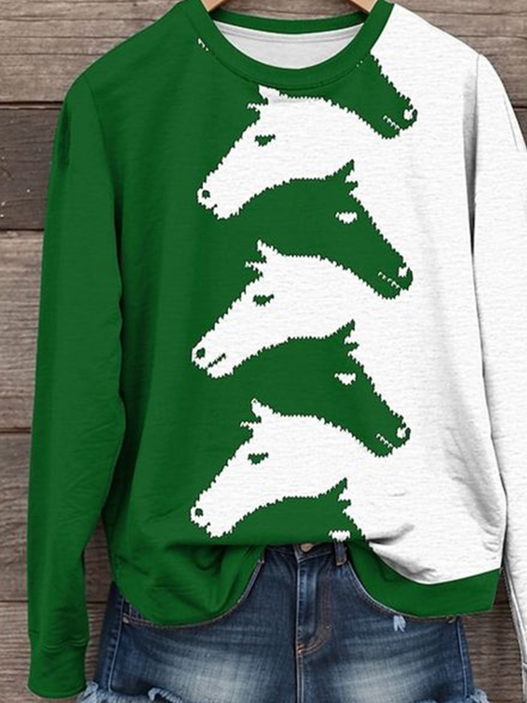 Women's Green Western Horse Print Cotton Casual Sweatshirt