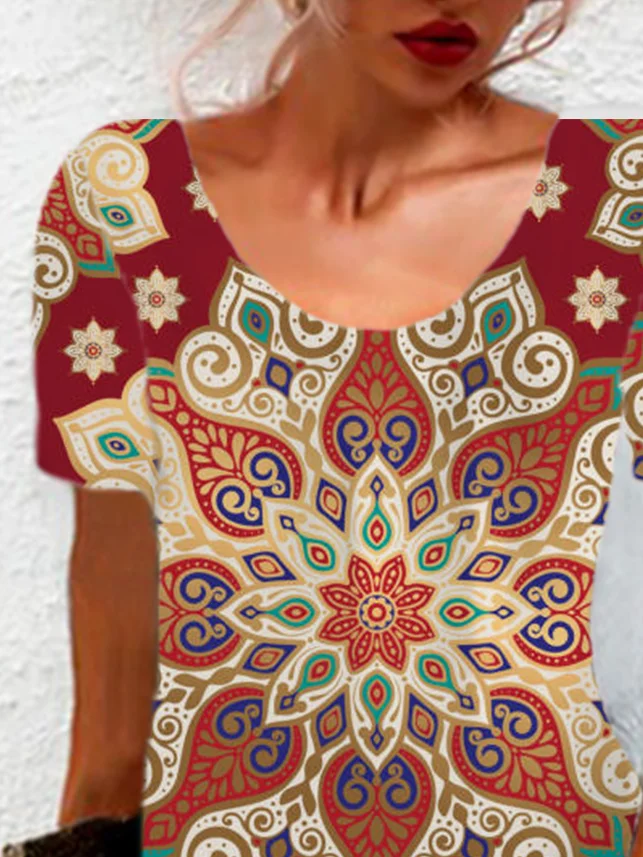 Ethnic Print Short Sleeve Crew Neck Dress