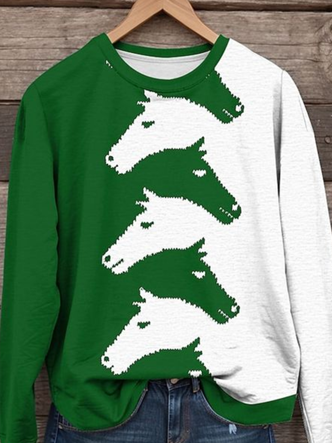 Women's Green Western Horse Print Cotton Casual Sweatshirt