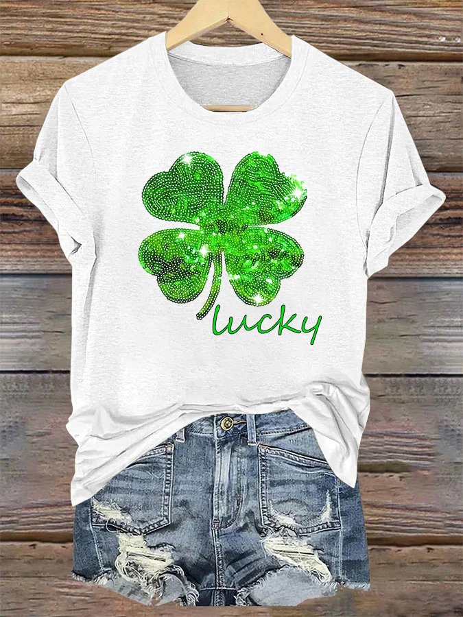 Women's St. Patrick's Day Lucky Clover Print Casual Cotton T-Shirt