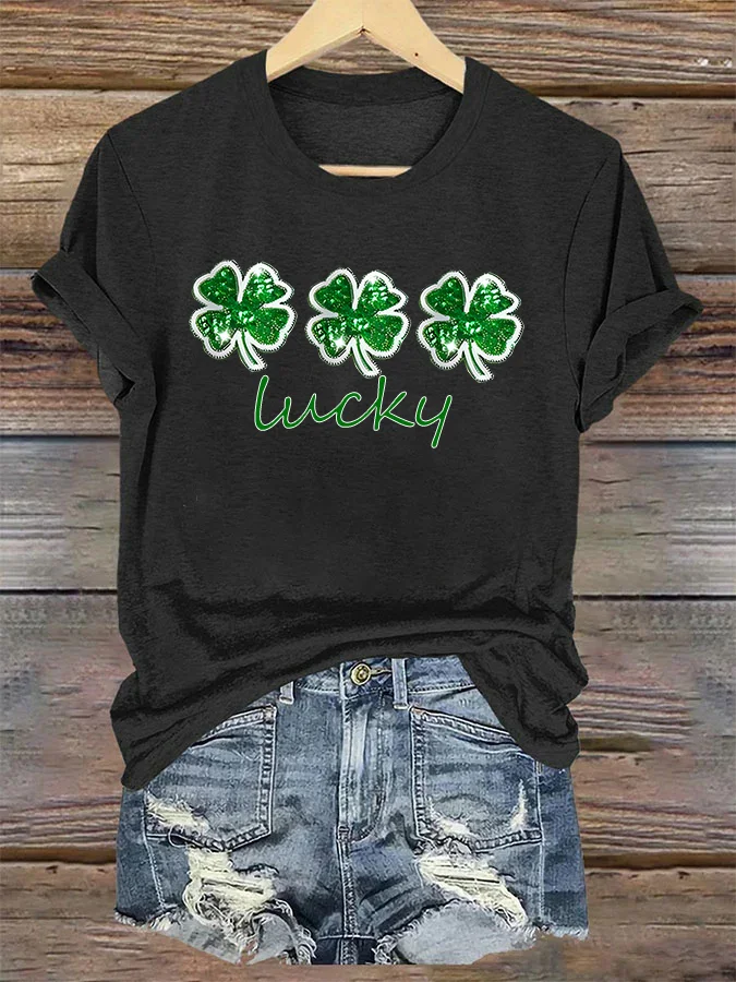 Women's St. Patrick's Day Lucky Clover Print Casual Cotton T-Shirt