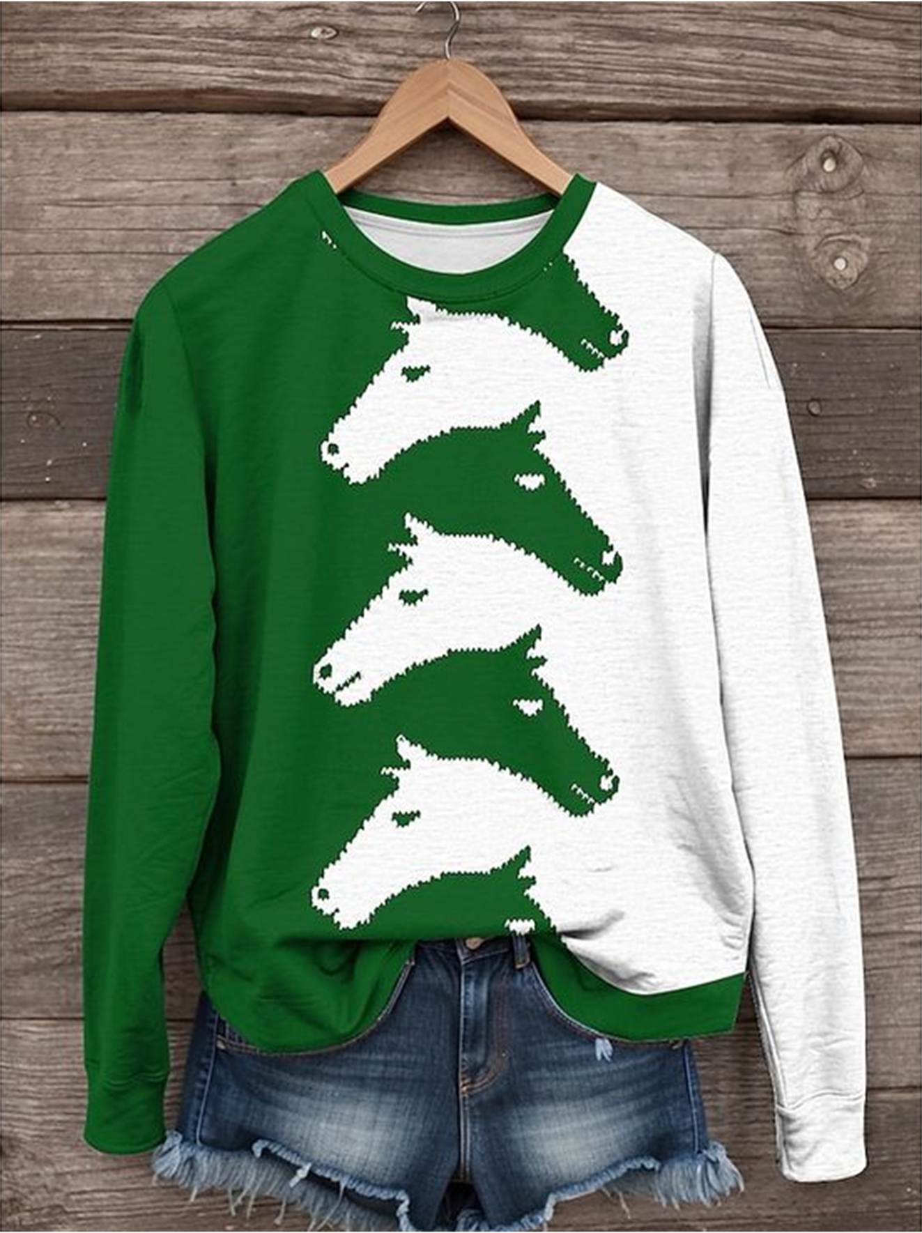 Women's Green Western Horse Print Cotton Casual Sweatshirt