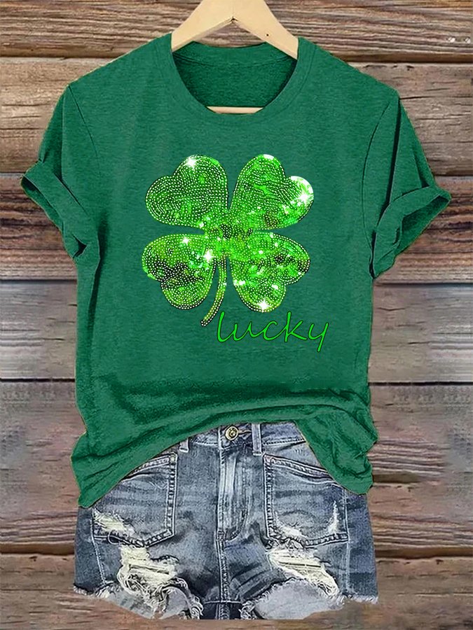 Women's St. Patrick's Day Lucky Clover Print Casual Cotton T-Shirt