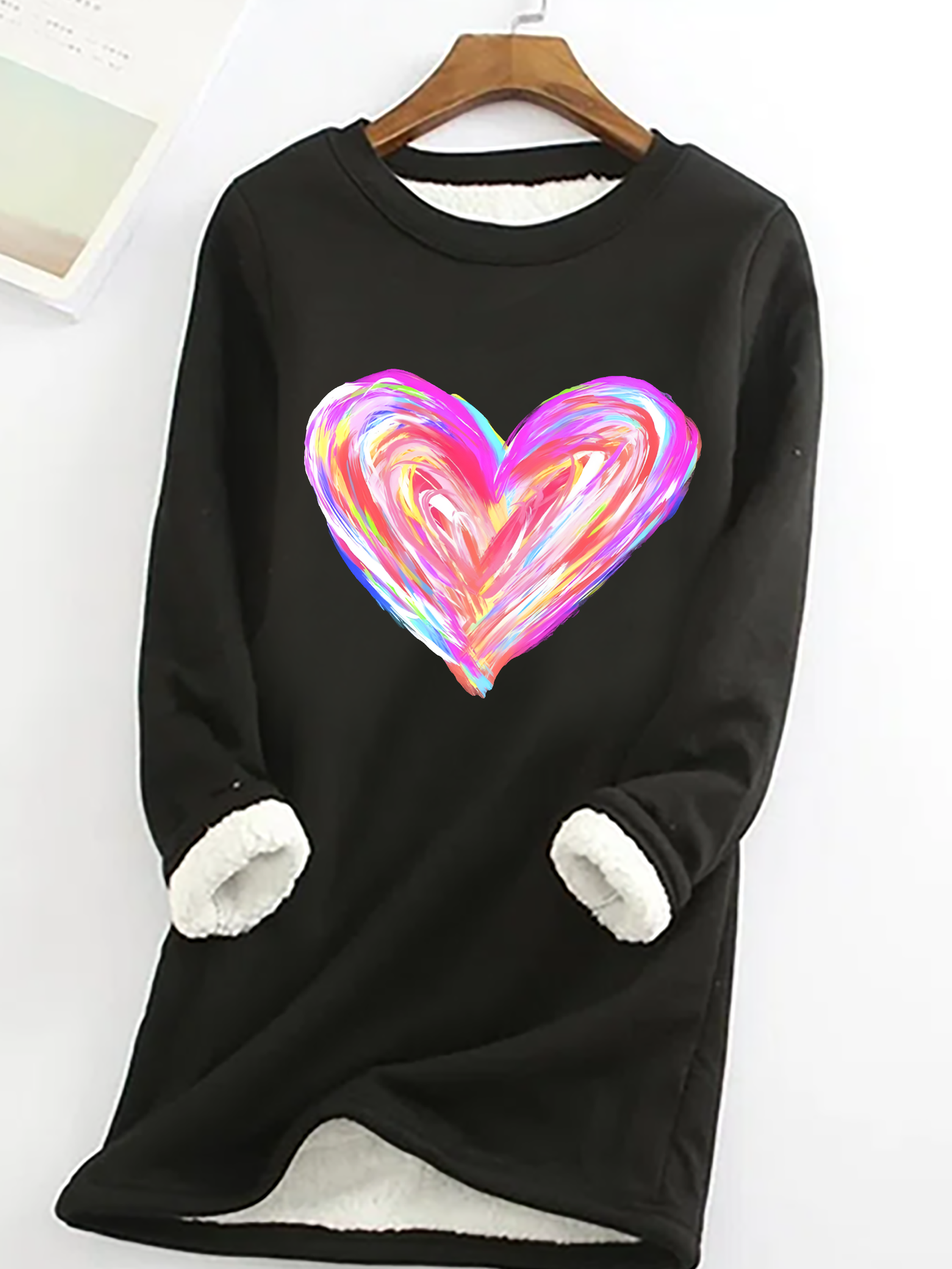 Watercolor Heart Valentines Casual Fluff Fleece Fabric Sweatshirt