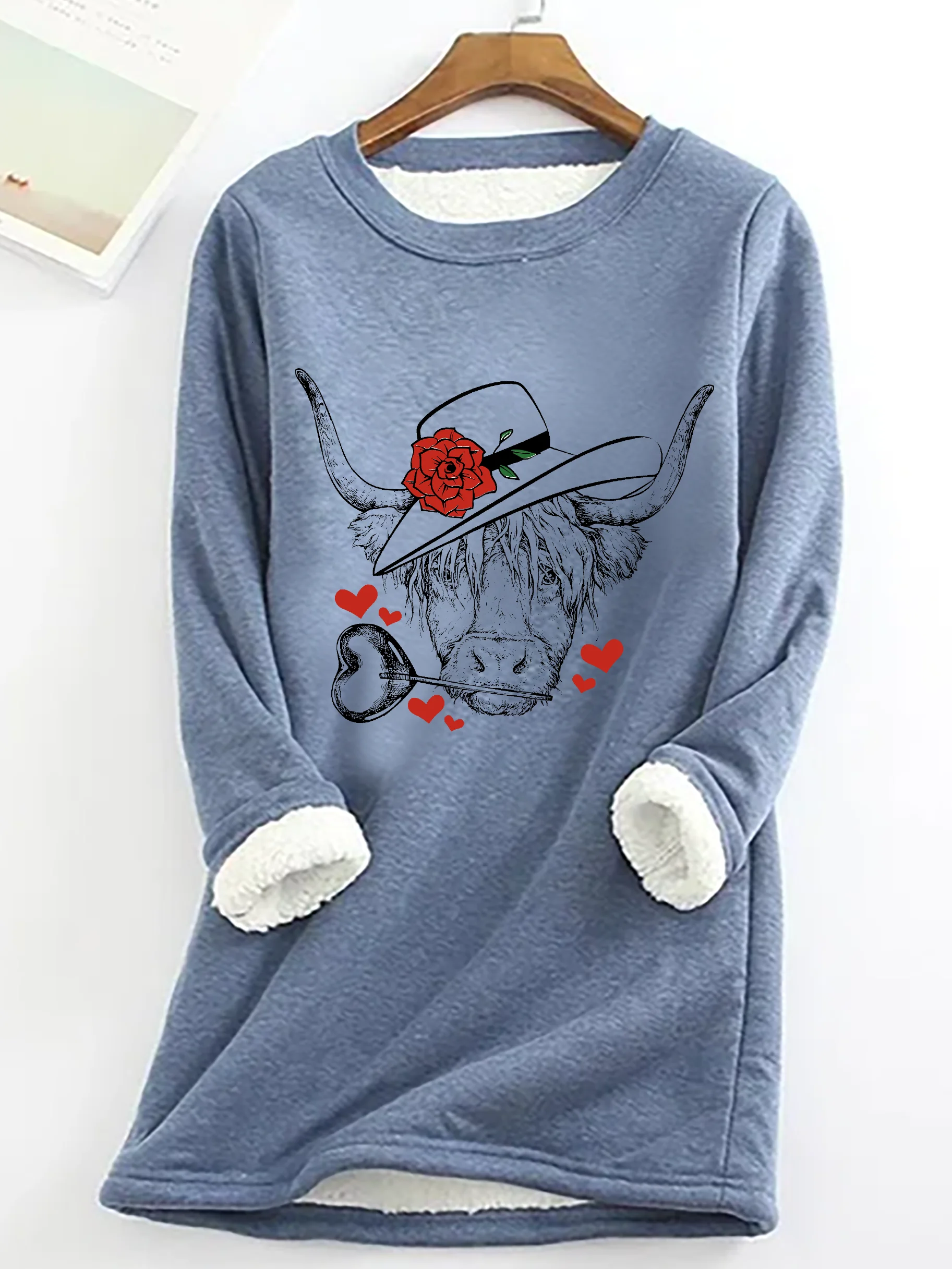 Highland Cow Valentines Day Casual Fluff Fleece Fabric Sweatshirt