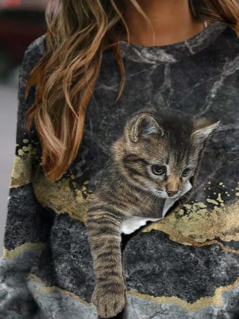 Cat Print Crew Neck Sweatshirt