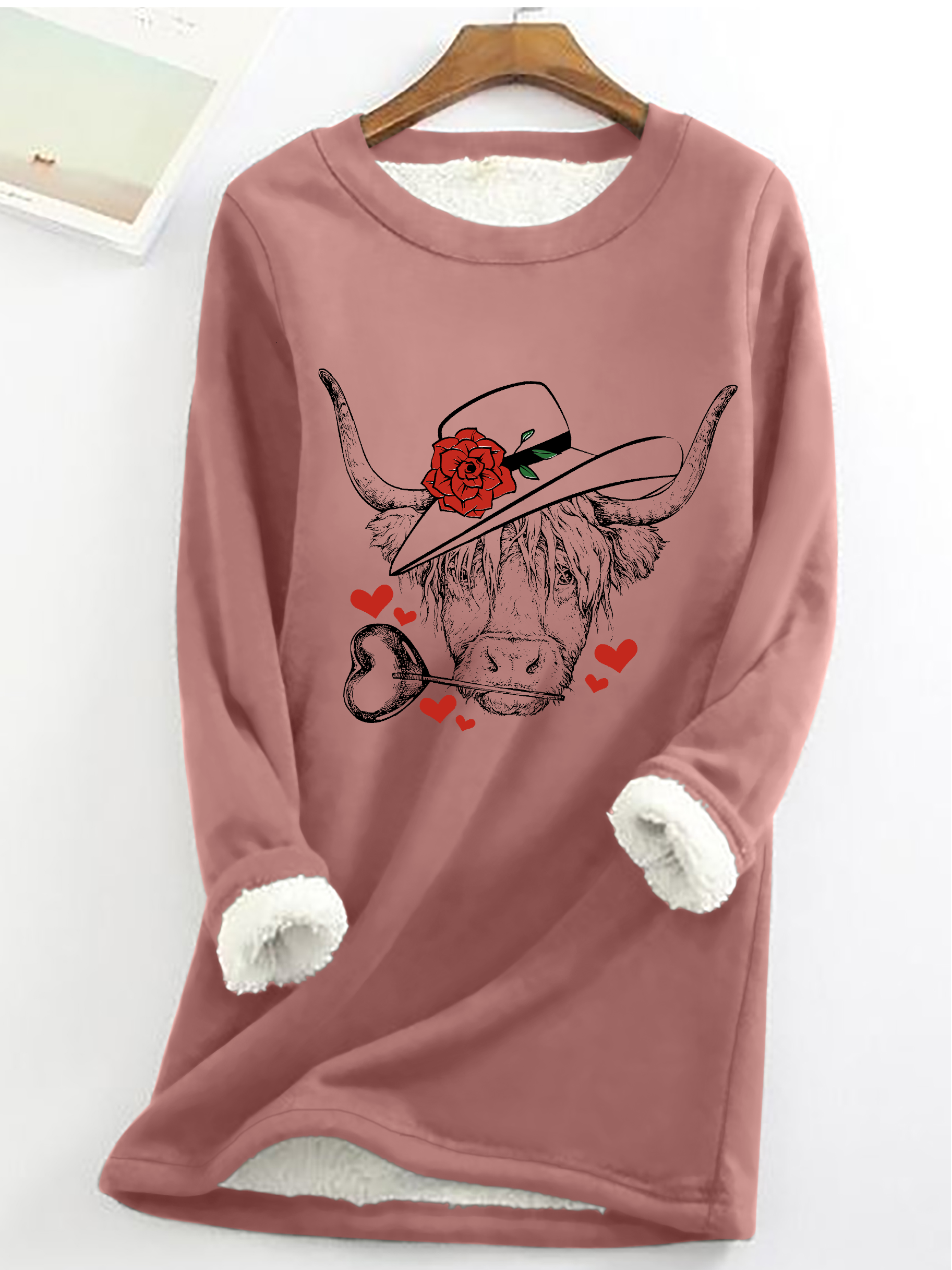 Highland Cow Valentines Day Casual Fluff Fleece Fabric Sweatshirt