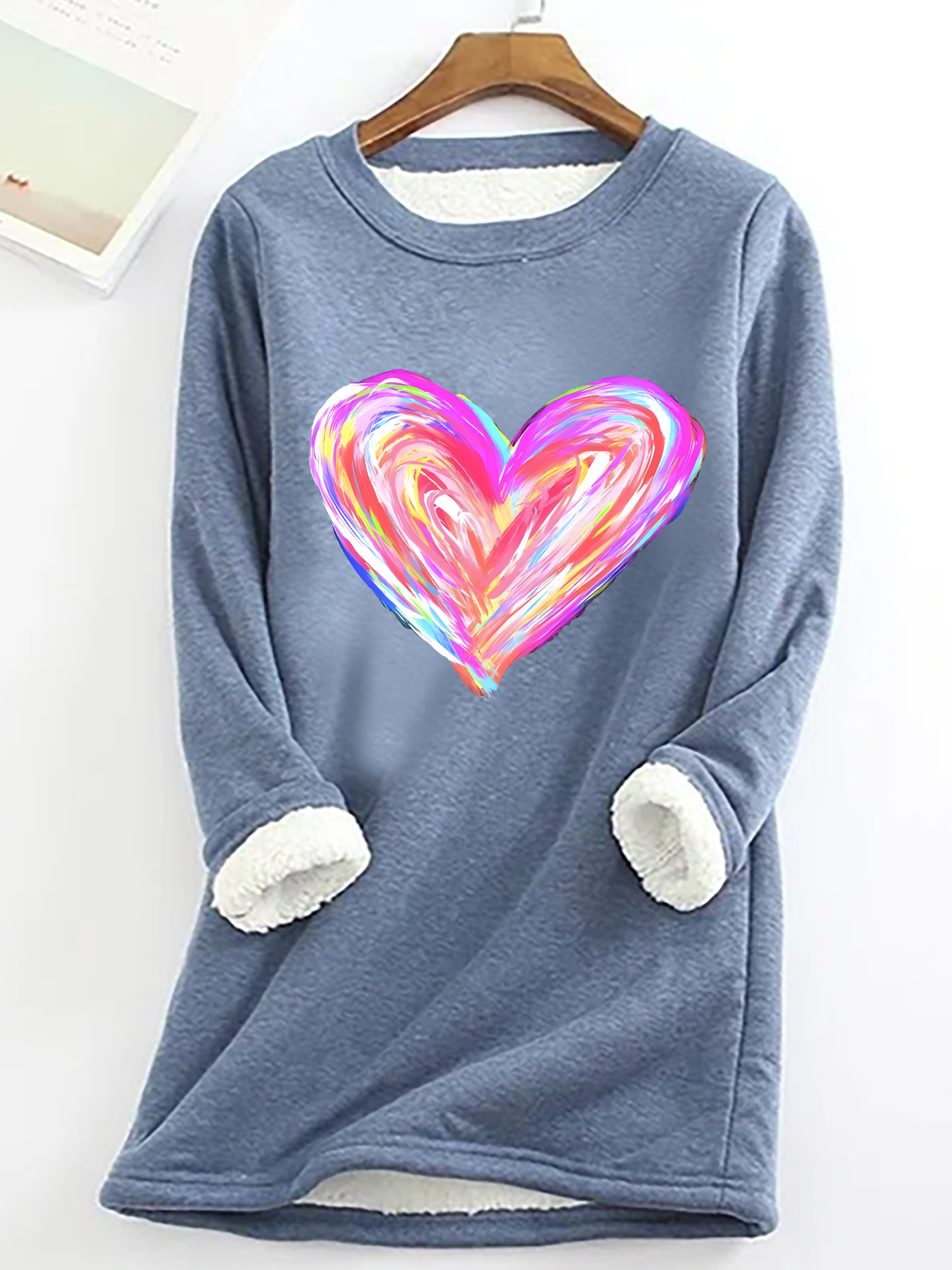 Watercolor Heart Valentines Casual Fluff Fleece Fabric Sweatshirt