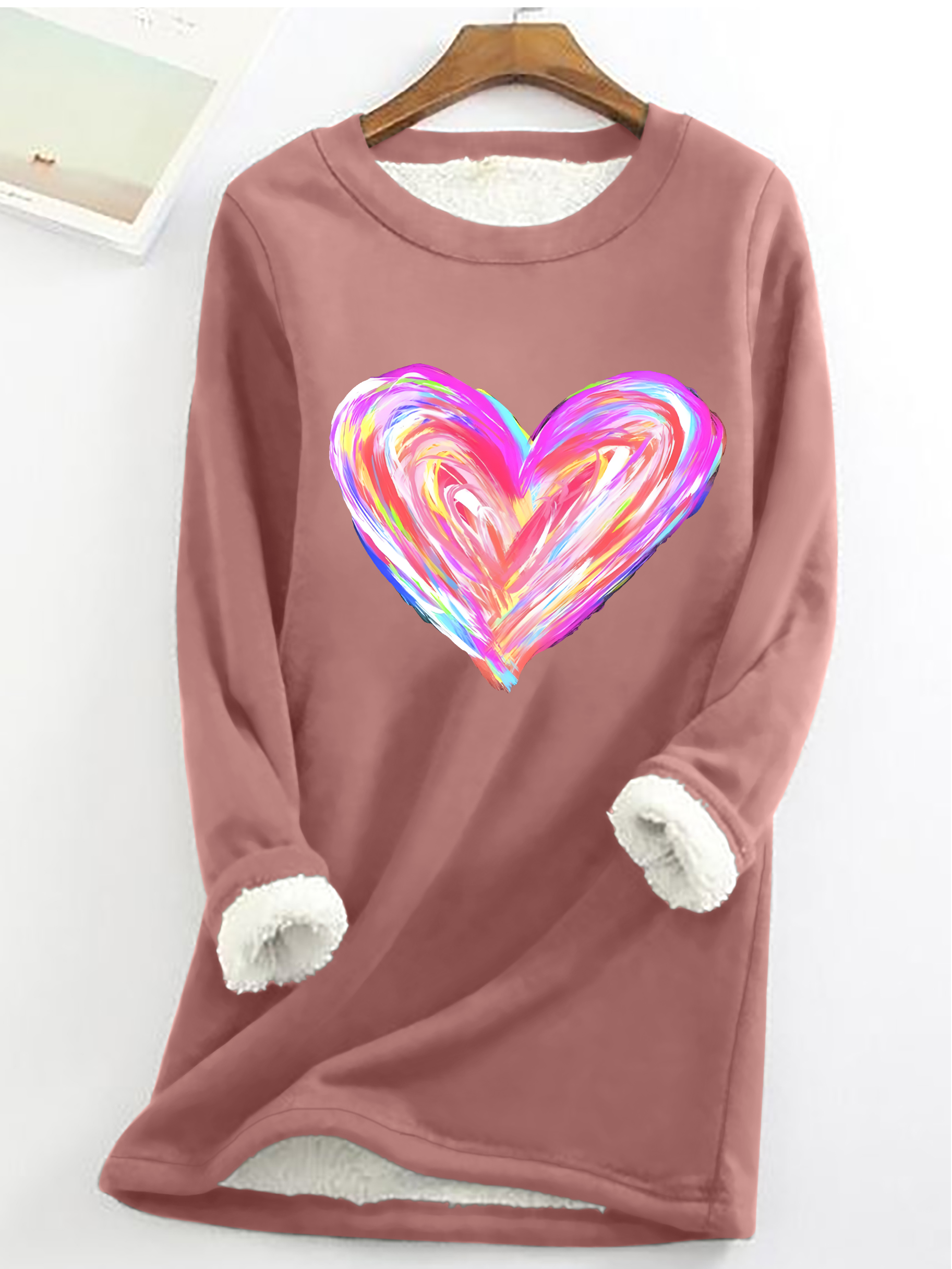 Watercolor Heart Valentines Casual Fluff Fleece Fabric Sweatshirt