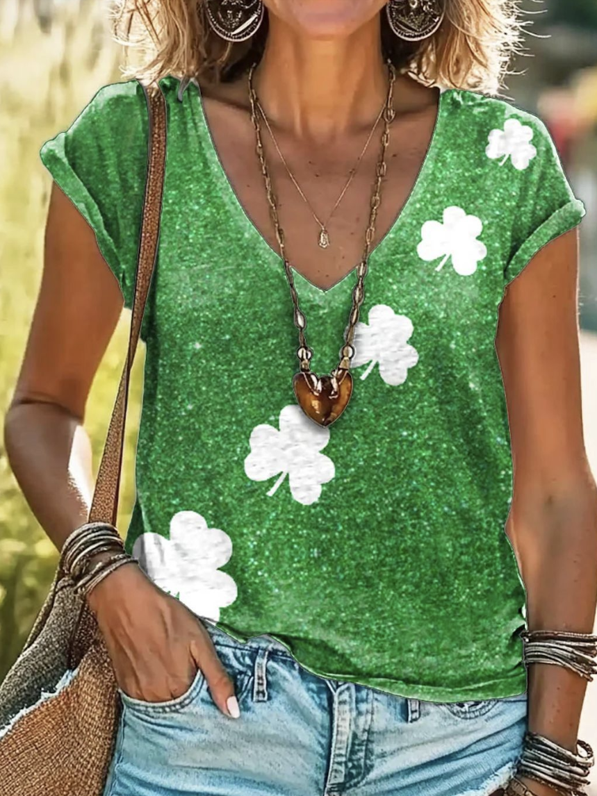 St. Patrick's Day Clover V-neck Short sleeved T-shirt