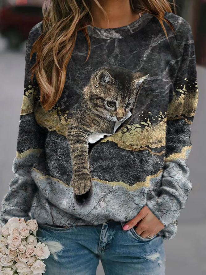 Cat Print Crew Neck Sweatshirt