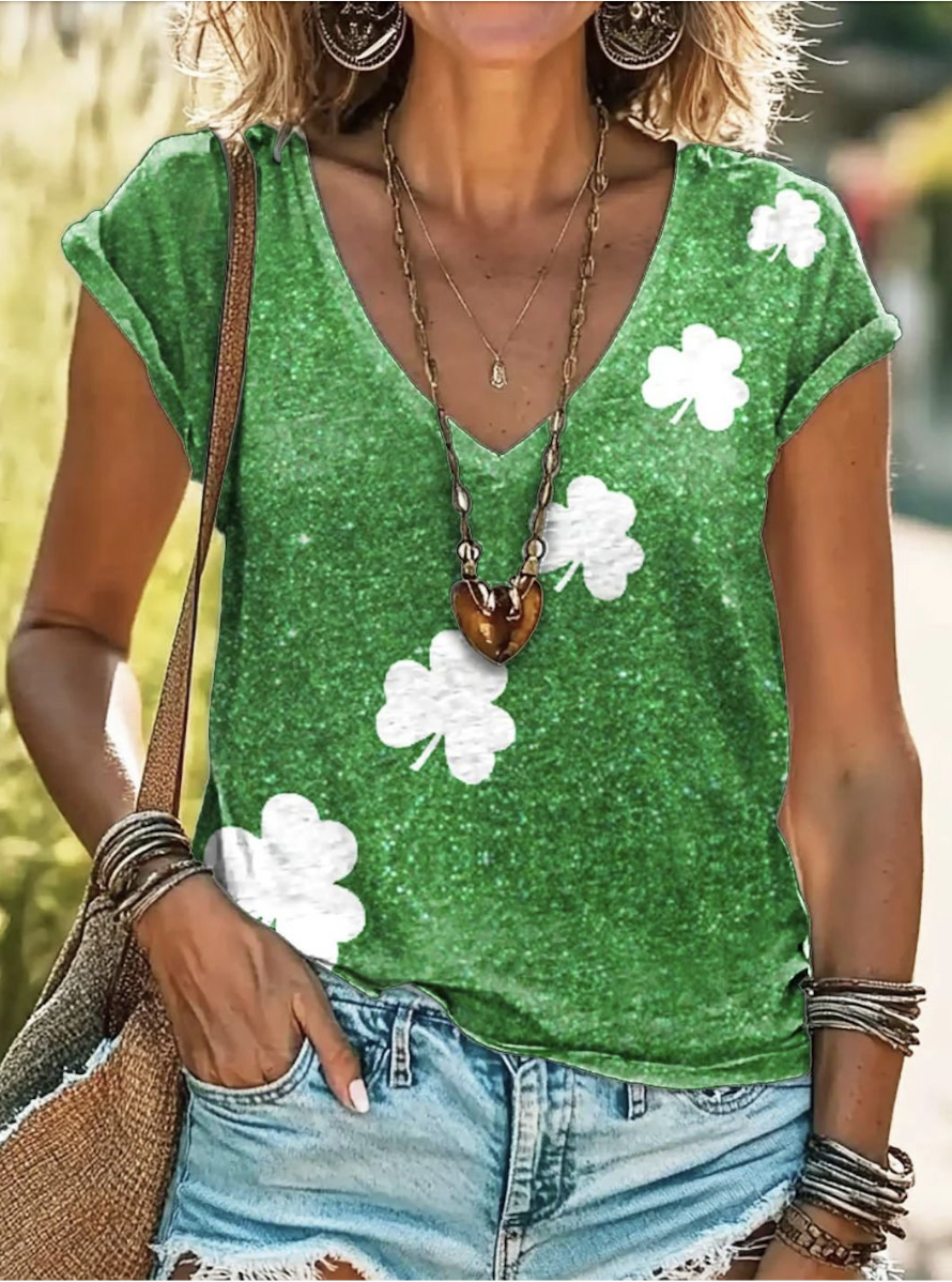 St. Patrick's Day Clover V-neck Short sleeved T-shirt