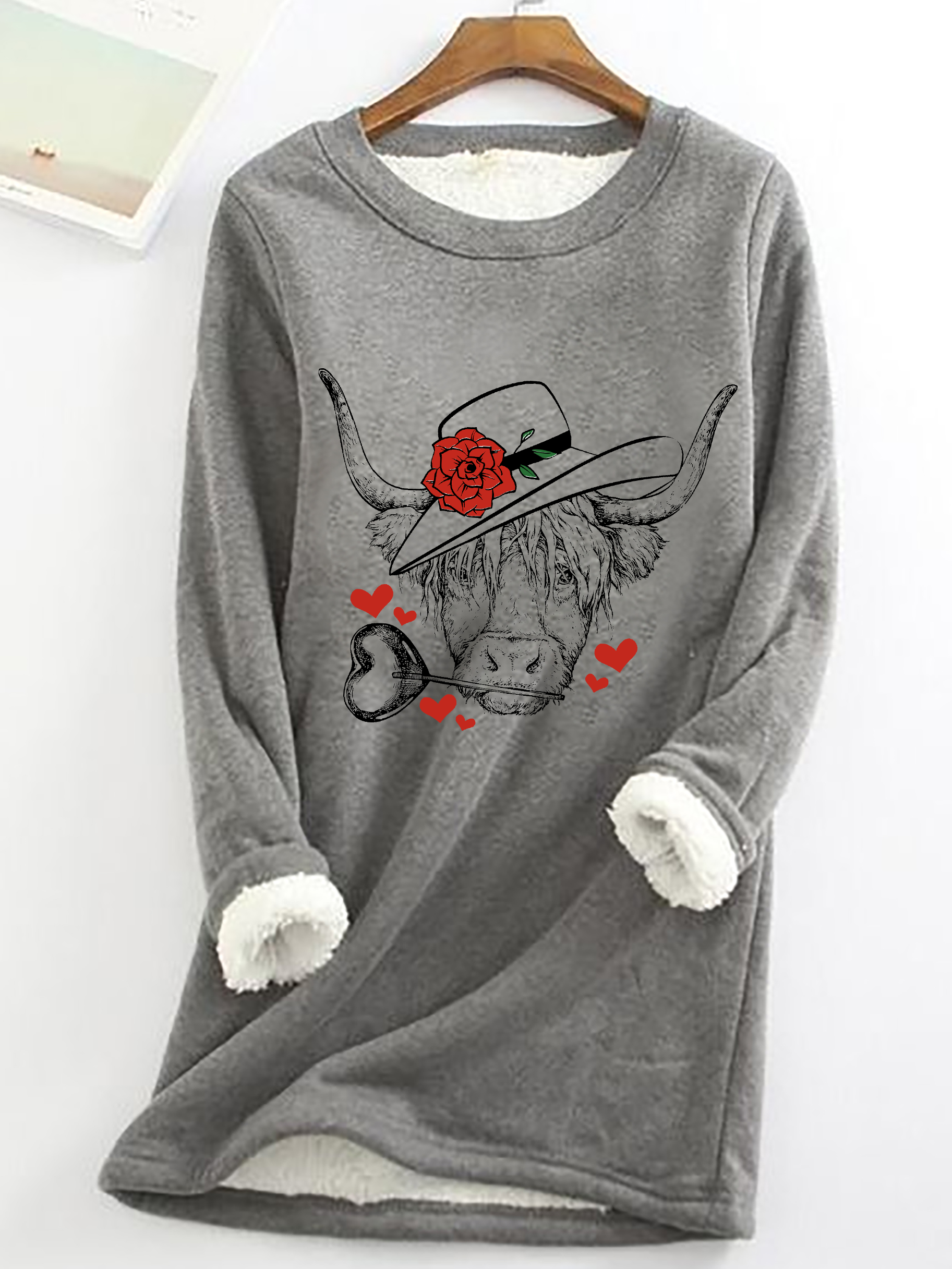 Highland Cow Valentines Day Casual Fluff Fleece Fabric Sweatshirt