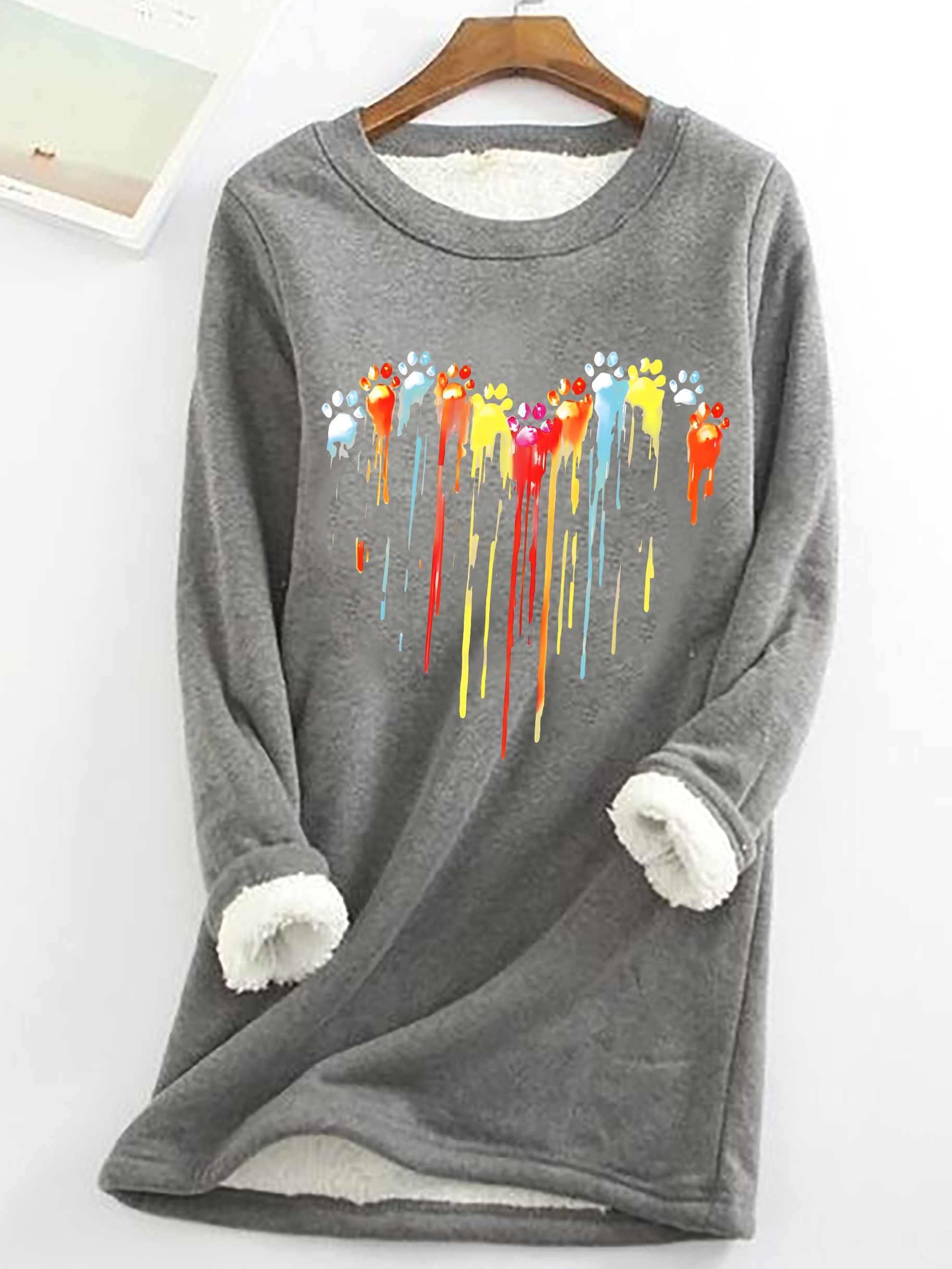 Dog Paw Heart Casual Fluff Fleece Fabric Sweatshirt