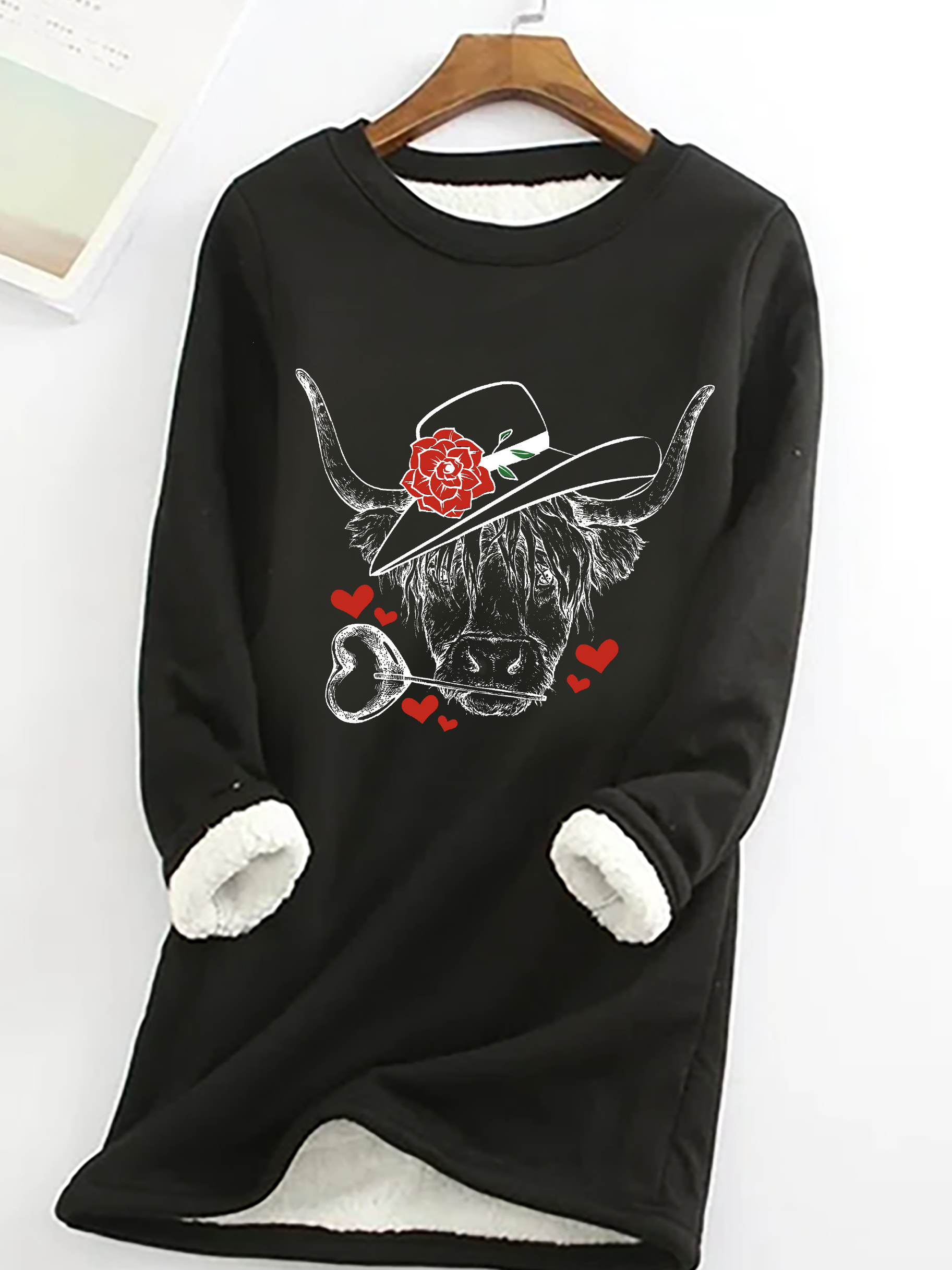 Highland Cow Valentines Day Casual Fluff Fleece Fabric Sweatshirt