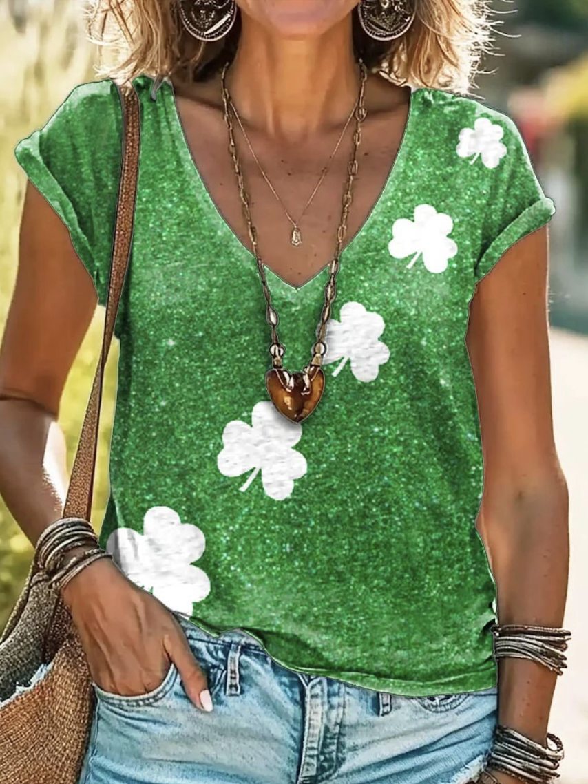 St. Patrick's Day Clover V-neck Short sleeved T-shirt