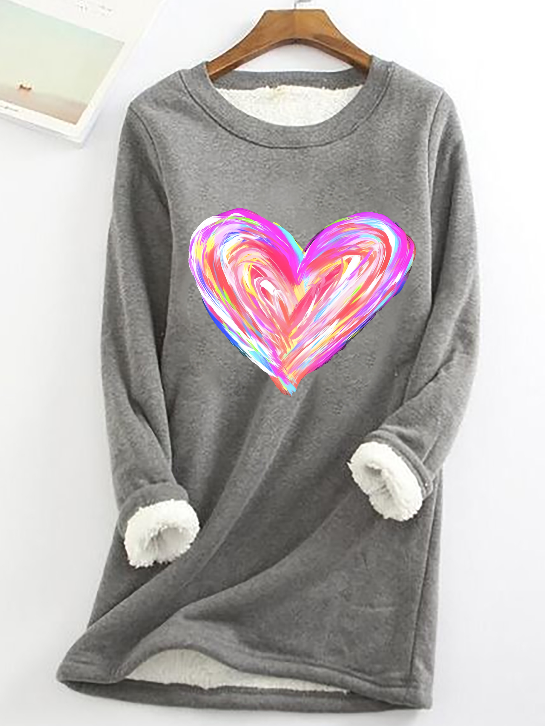 Watercolor Heart Valentines Casual Fluff Fleece Fabric Sweatshirt