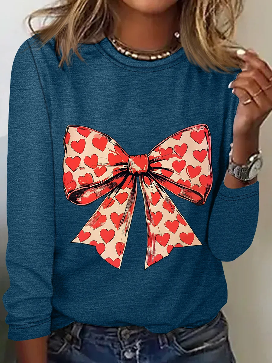 Valentine's Day Heart Coquette Bow Casual Long Sleeve Shirt