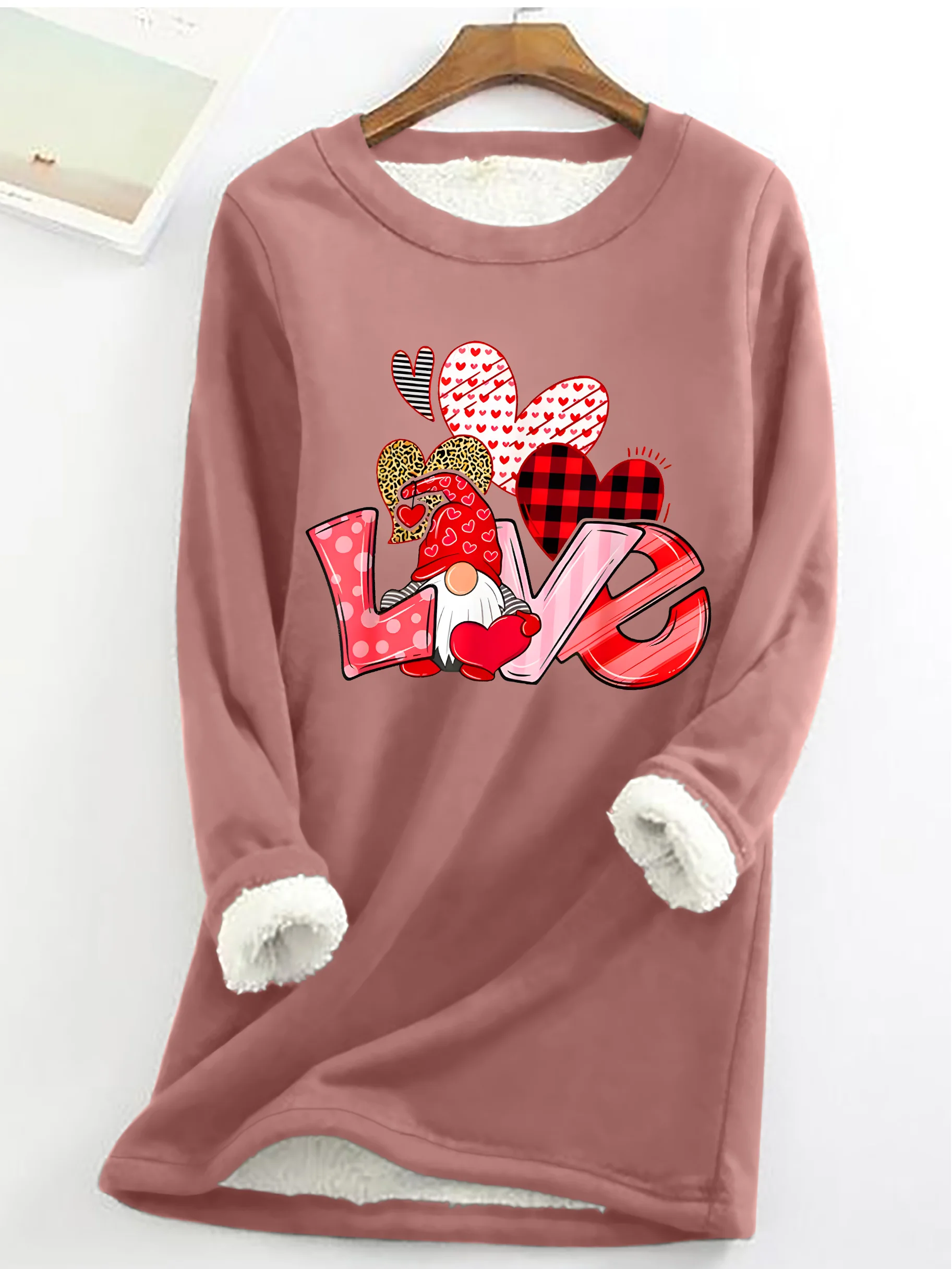 Valentine's Day Gnome Print Casual Fluff Fleece Fabric Sweatshirt