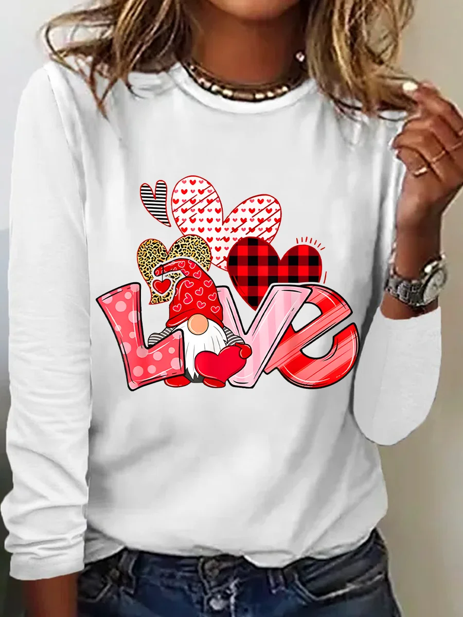 Valentine's Day Gnome Print Casual Long Sleeve Shirt