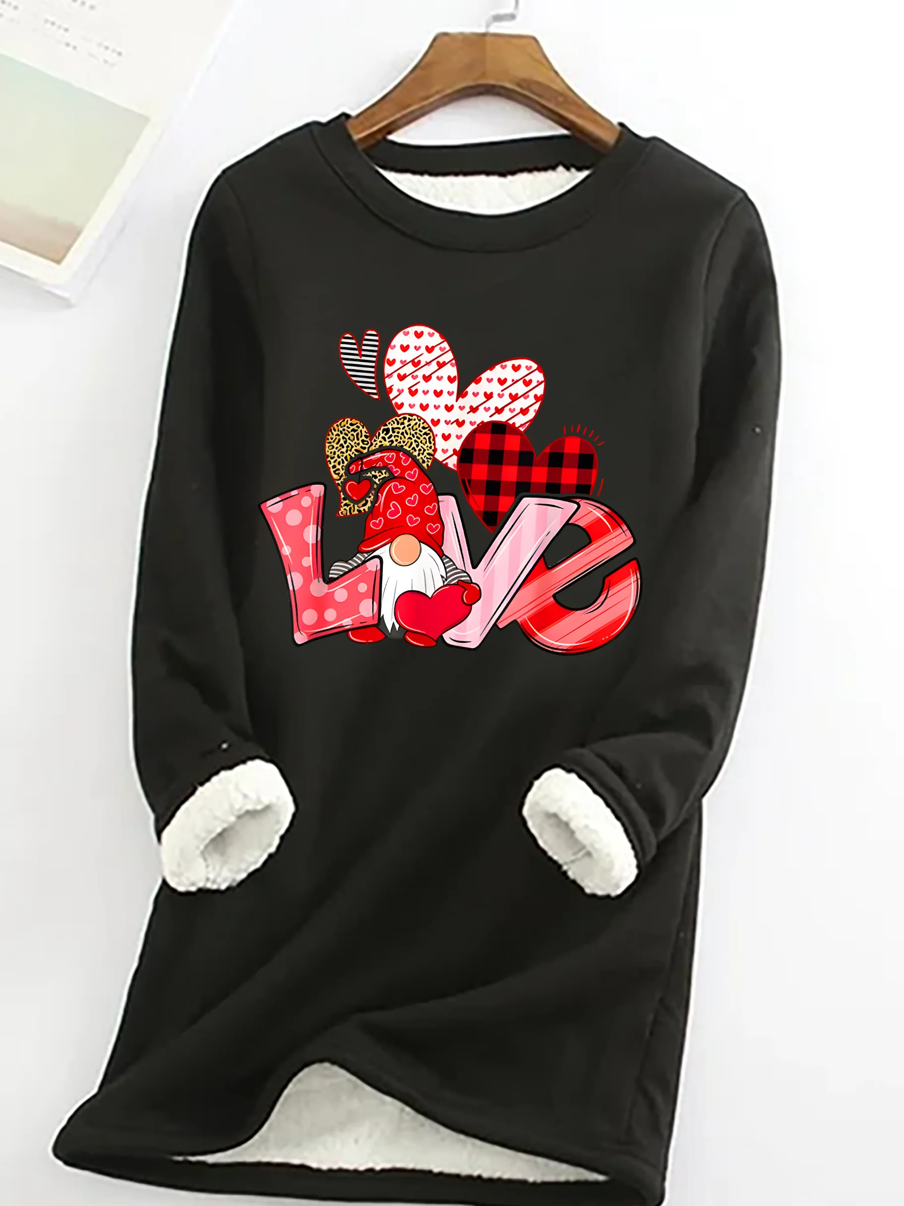 Valentine's Day Gnome Print Casual Fluff Fleece Fabric Sweatshirt