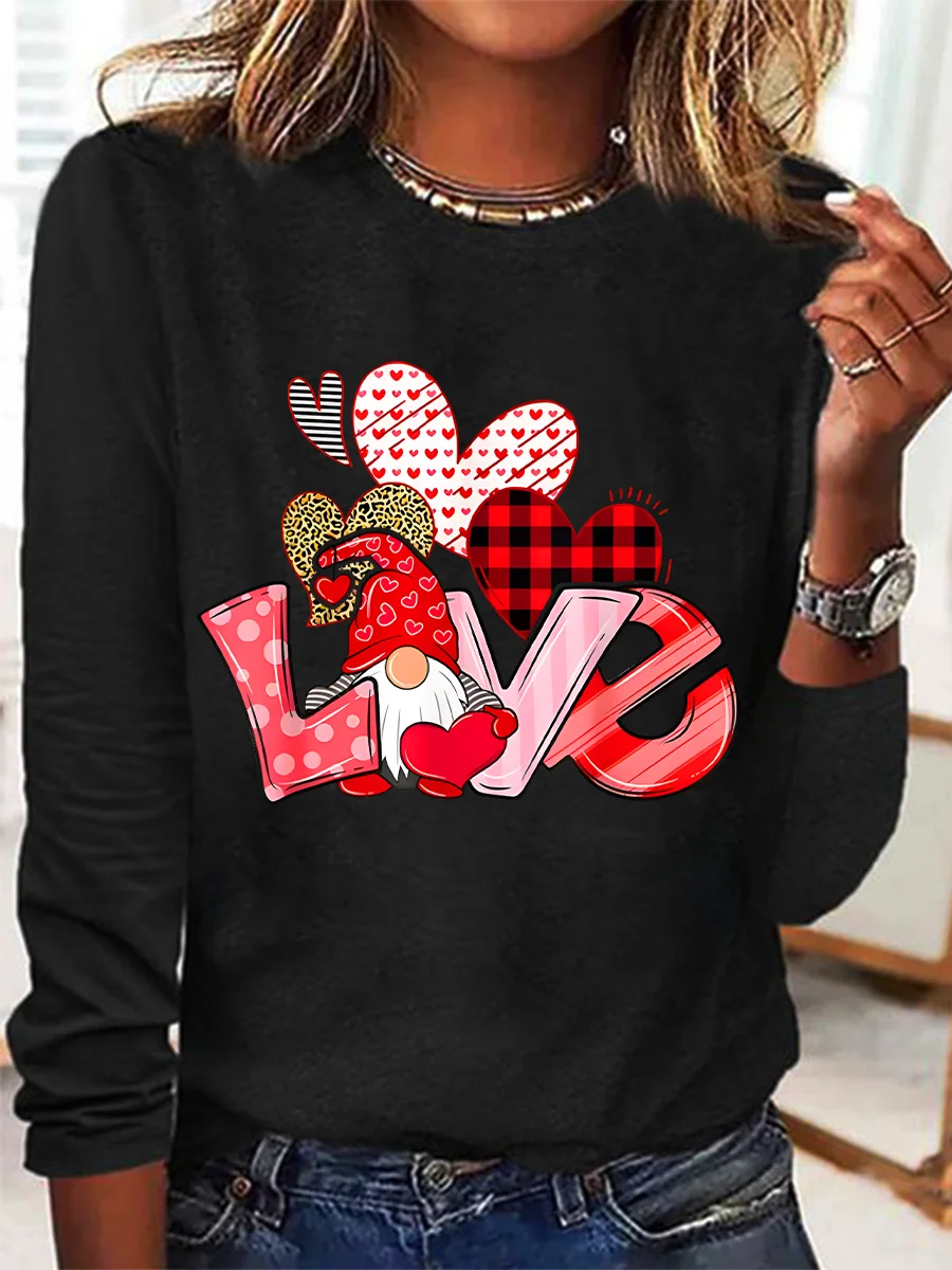 Valentine's Day Gnome Print Casual Long Sleeve Shirt