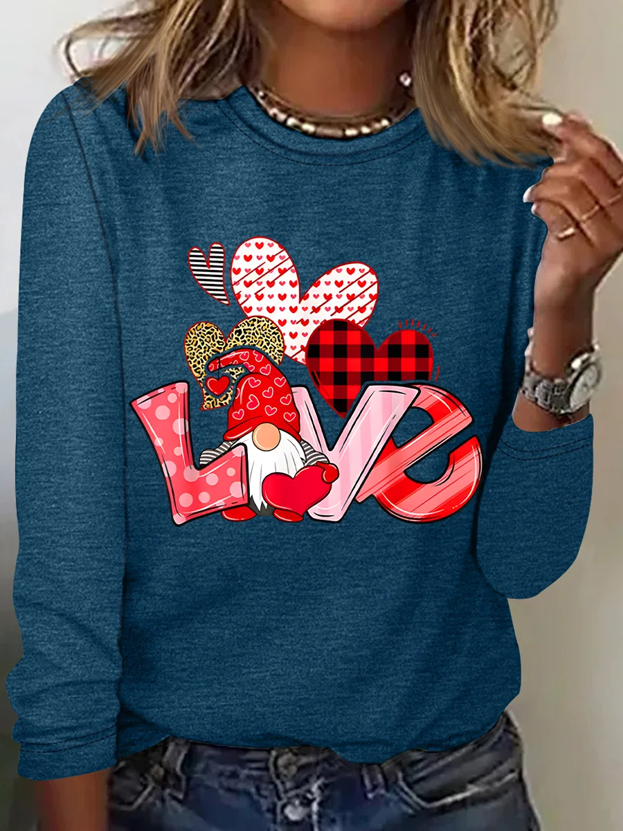 Valentine's Day Gnome Print Casual Long Sleeve Shirt