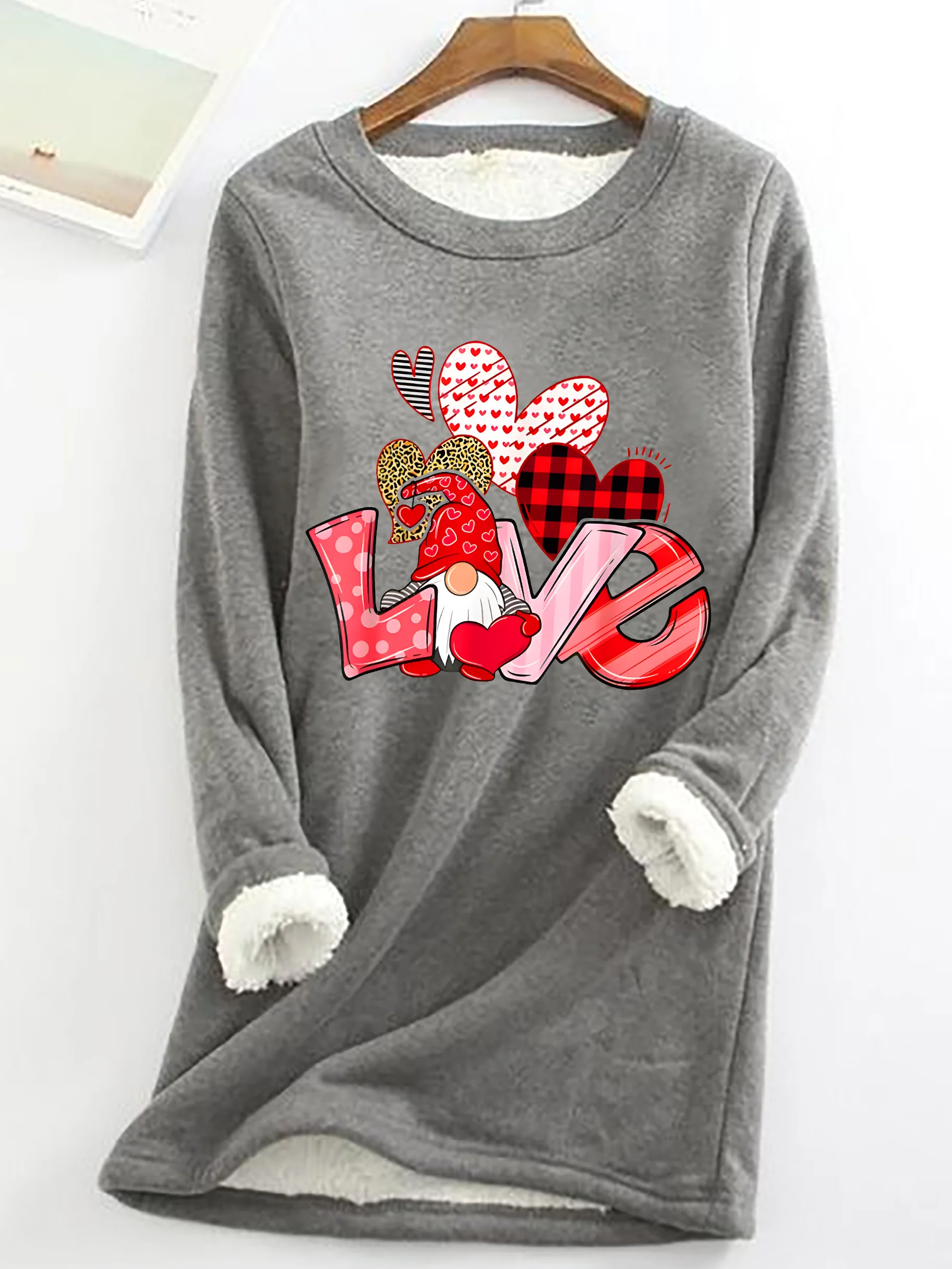 Valentine's Day Gnome Print Casual Fluff Fleece Fabric Sweatshirt